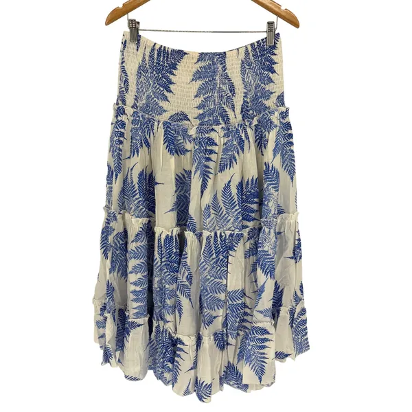 ee:some Blue White Botanical Fern Print Tiered Ruffle Maxi Skirt Dress‎ Smocked - Image 3