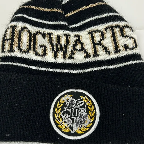 Harry Potter Hogwarts Crest Knit Beanie Hat One Size Black Gold‎ White - Image 3