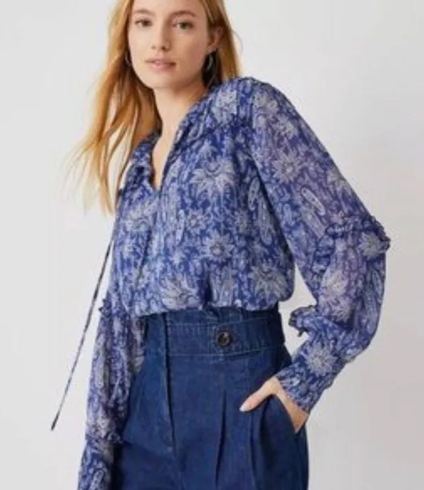 Ann Taylor Blue Paisley with ruffles Top Blouse M - Image 2