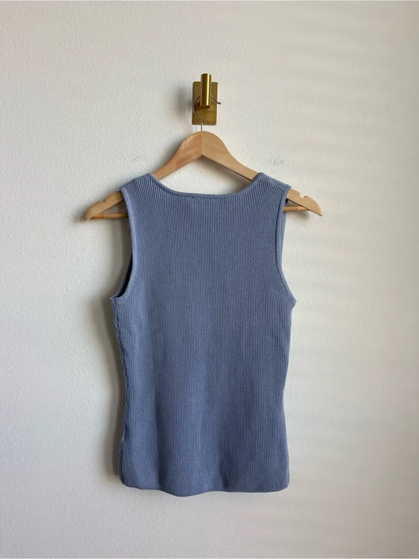 SABO Slate Blue Ribbed Knit Top Deep V Crossover Sleeveless Open Front Size S - Image 5