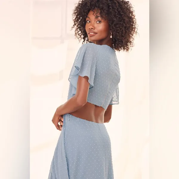 New Lulus Deep in my heart slate blue Swiss Dot cut out maxi dress size small - Image 3