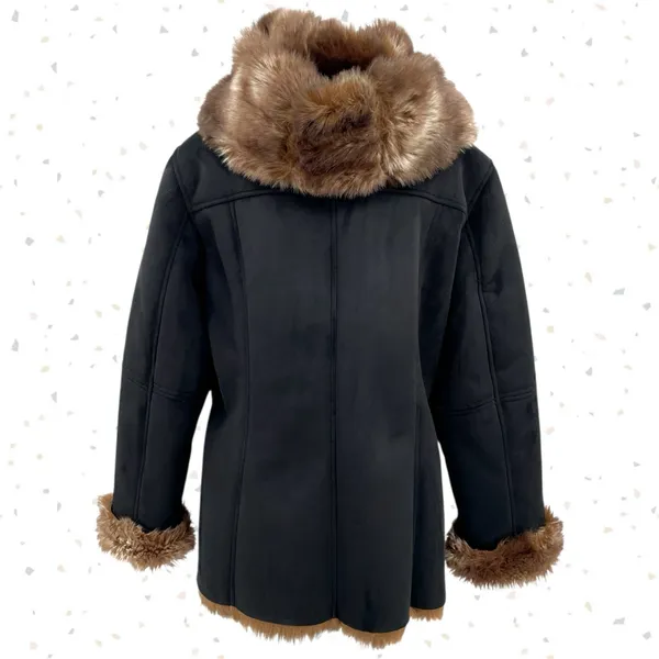Black Faux Fur Lined Hooded Winter Coat Microsuede Coldwater Creek Petite L | 14 - Image 2