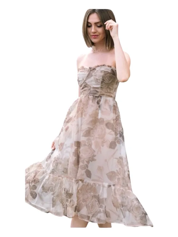 Storia Strapless Dress Brown Tan Floral Sheer Overlay Ruffle Hem S Wedding Tulle - Image 2