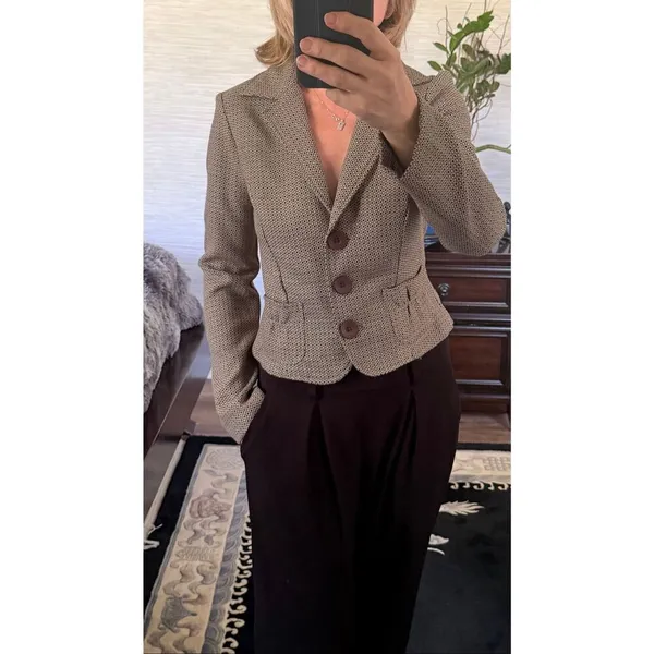 Karee Cropped Blazer Jacket M Brown Print Fitted Button Front Size M - Image 2