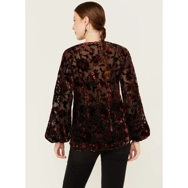 Shyanne Women Velvet Burnout Blouse Top XL Burgundy Floral Paisley Lace Up Sheer - Image 2
