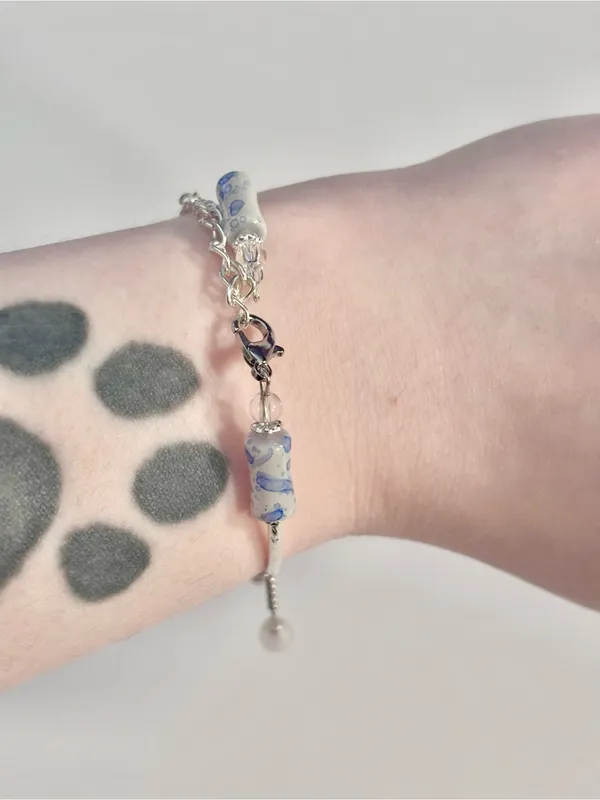 Handmade Hand Crafted Silver Bracelet with Blue and White Beads and Mermaid Tail Charm - Image 7