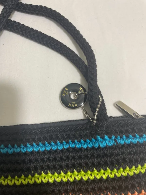 The Sak Crochet Knit Shoulder Bag Black Multicolor Striped Zip Boho Handbag - Image 9