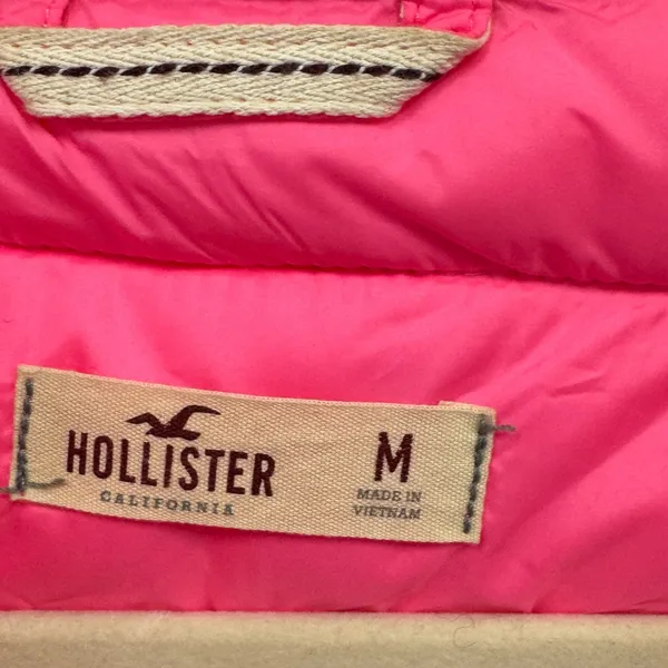 Hollister Neon Pink Hooded Puffer Vest‎ Women's Medium Full Zip Quilted Casual - Image 5