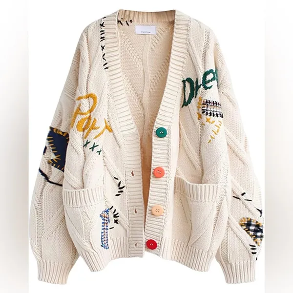 Retro Multicolored Chunky Cable Knit Button Front Cardigan Sweater - Image 3