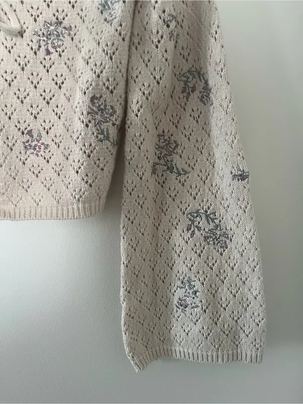 Cream Blue Floral Knit Tie Front Crochet Cardigan Small Cottagecore Feminine - Image 4