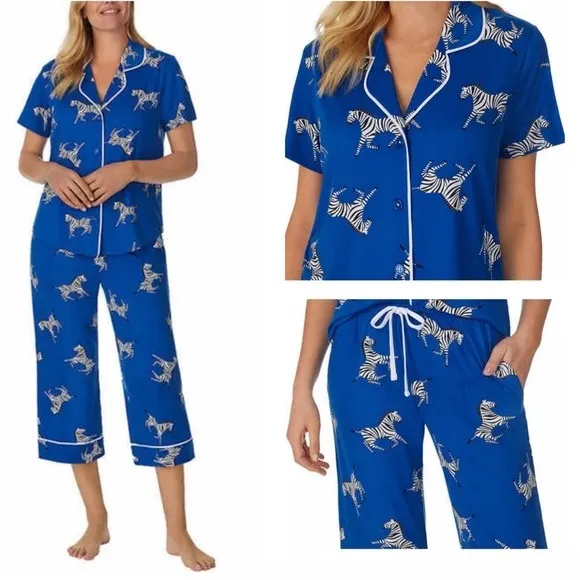 Room Service Womens Pajama Set Large Blue Zebra Print Short Sleeve Crop Pants - Image 2