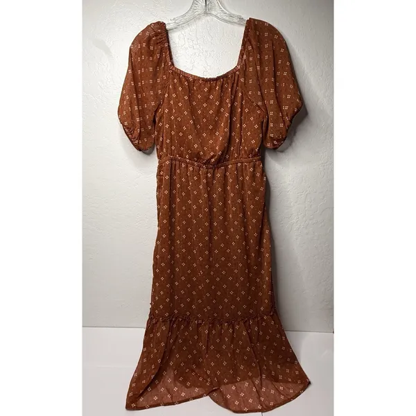 Lucky Brand Rust Dress Shimmer Peasant Boho Tiered Size M Midi‎ Puff Sleeve New - Image 2
