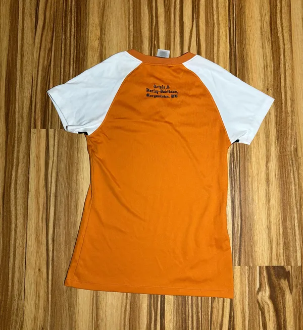 Harley-Davidson Morgantown WV Orange and White V-Neck Tee - Image 5