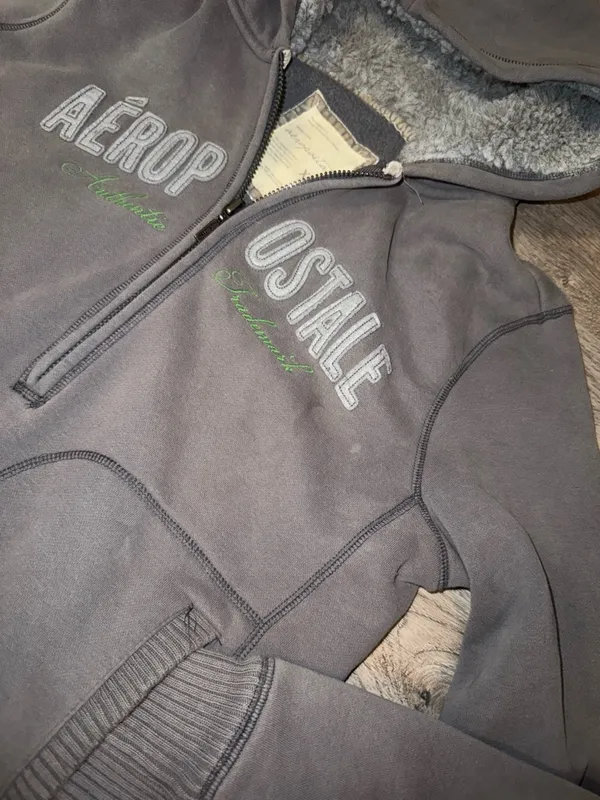 Y2K Vntge Aeropostale 87 Grey Half Zip Hoodie w/ Faux Fur Hood XL - Image 3