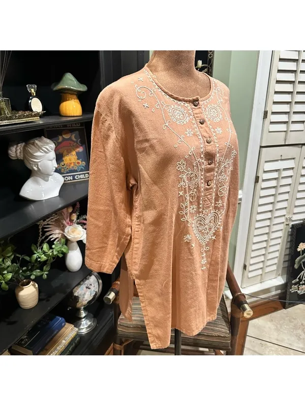 Bird Thai Artisan Embroidered Boho Tunic – 100% Cotton – Size L - Image 5