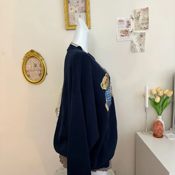 Vintage Teddy Bear Sweatshirt Navy Blue Embroidered Bears - Image 2