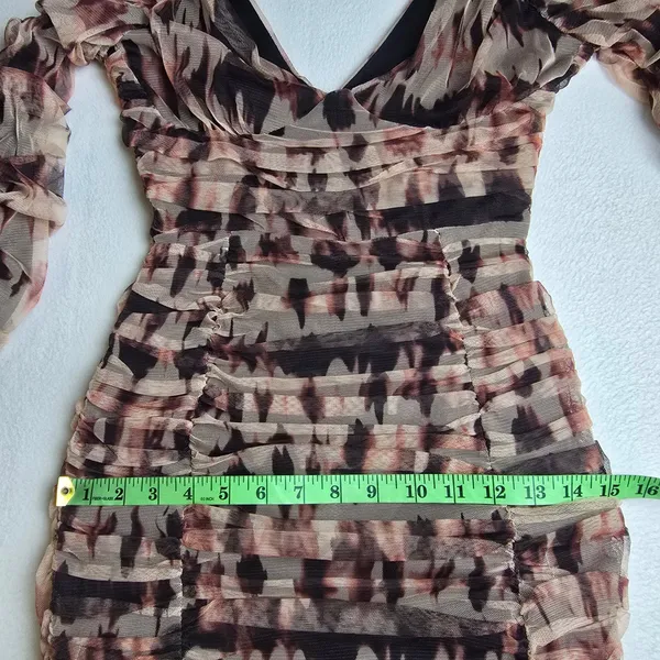 Zara NWT Brown Ruched Tulle Mesh Tie‎ Dye V-Neck Mini Dress Long Sleeve Small - Image 9