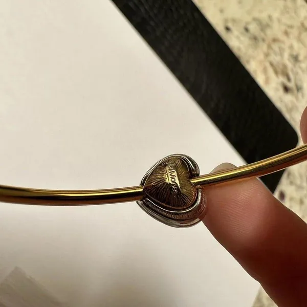 Monet Gold Tone Skinny Bangle Bracelet 7 3/4 Inch Silver Tone Rhinestone Heart - Image 3