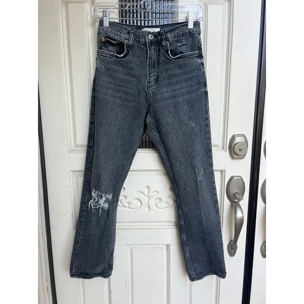 Zara‎ Straight Leg Jeans Distressed Black Wash Denim Casual Size 2 - Image 7