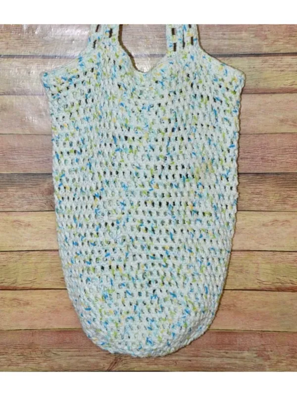 Handmade Crochet Tote Bag White Blue Green Boho Beach Market Shoulder Purse - Image 3