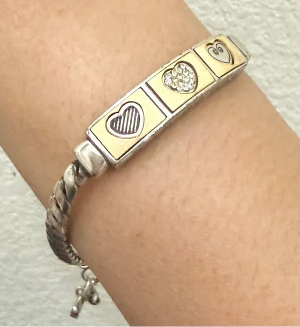 Retired BRIGHTON Triple Heart Silverplated With Gold Heart ID 8” Bracelet 29g. - Image 5