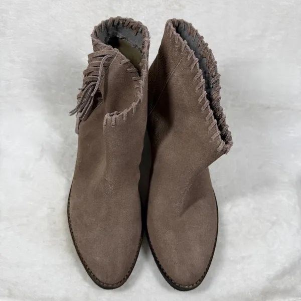 Extrafine Sugar Taupe Suede‎ Fringe Western Ankle Boots Whipstitch Trim 10 - Image 3