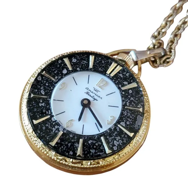 Vintage American Heritage Pocket Watch Necklace Pendant Gold Tone Swiss Untested - Image 2