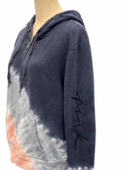 PINK Victoria’s Secret XL Tie-Dye Full Zip Hoodie Blue Peach Embroidered Sleeve - Image 2