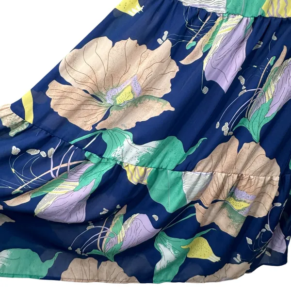 Lulus X-Small Halter Maxi Dress Floral Lined V-Neck Tiered Open Back Blue Multi - Image 3