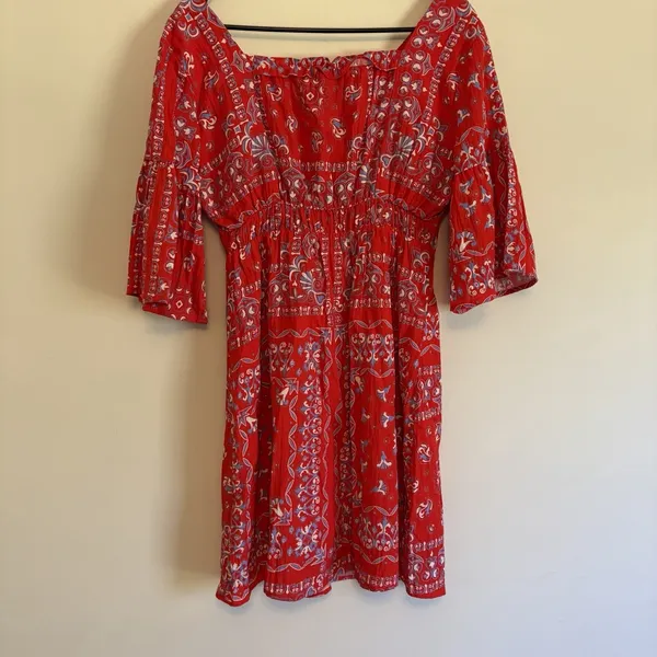 Small Skies are Blue Red Blue Boho Floral Print Dress Bell Sleeves Button Lined‎ - Image 8