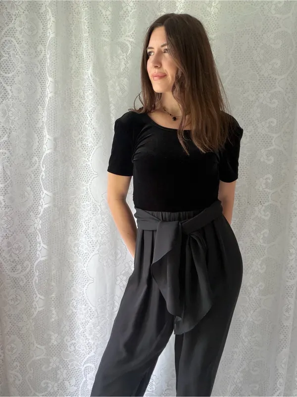 Vintage 90s CDC Black Velvet Wide Leg Jumpsuit Size 4 - Image 4