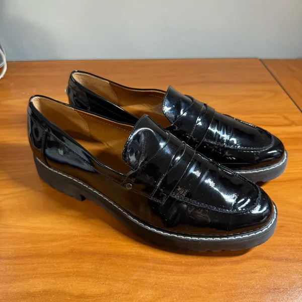 Franco Sarto Cassandra Black Patent Faux Leather Penny Loafer Chunky Lug Slip On - Image 3