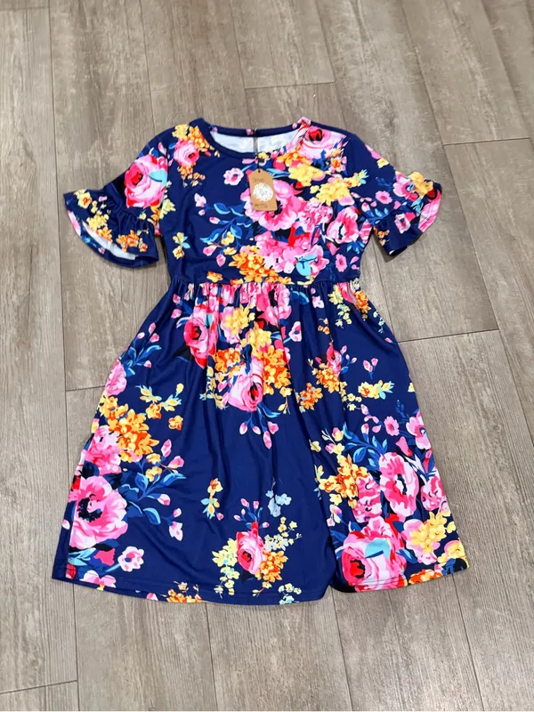 Navy Floral Ruffle Sleeve Women’s Dress - Image 6