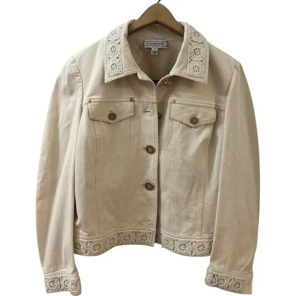 St. John Sport Ivory Stretch Cotton Jean/Denim Embroidered Jacket sz‎ S - Image 5