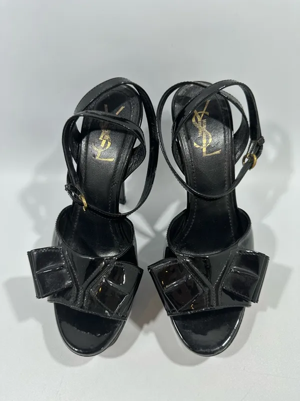 Yves Saint Laurent YSL Tribute Y Bow Black Patent Leather Platform Sandals 38.5 - Image 8