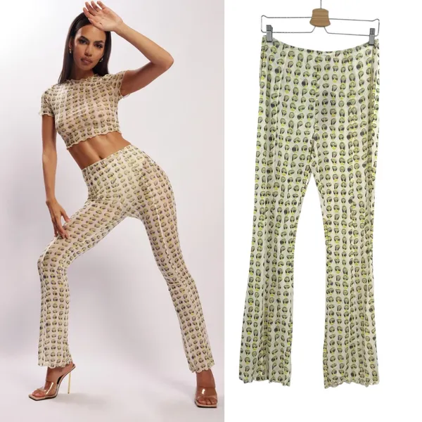 Meshki Nora Mesh Straight Leg‎ Pant Sheer Alien Print Cream Green Size XL - Image 2