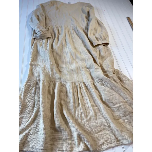 Rachel Pally Gauze Cecelia Dress XL Sand Beige Tiered Midi Balloon Sleeve V-Neck - Image 6