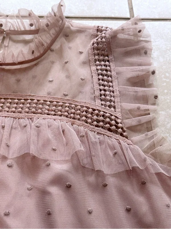 BB Dakota Roslyn Swiss Dot Victorian Blouse Champagne Pink Blush Shirt Medium - Image 5