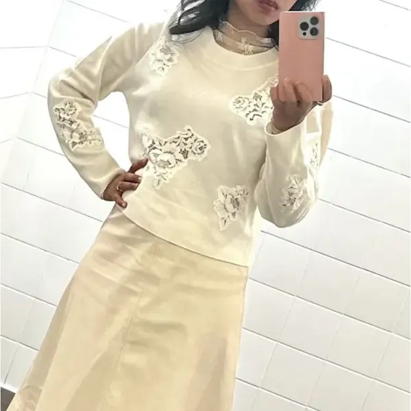 LoveShackFancy White Lace Crewneck Sweater XS Cashmere Romantic Designer $400 - Image 5
