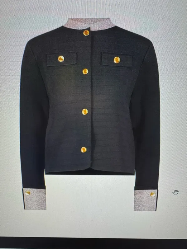 Tailored Black/Heather Trim Knit Cardigan with Gold Button Accents - Image 2