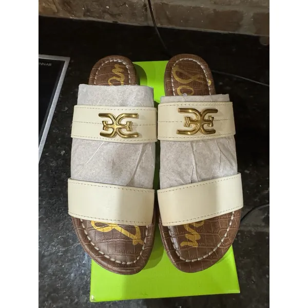 Sam Edelman Women's Gilles Flat Sandal Ivory‎ Leather Size 7.5 Slide - Image 5