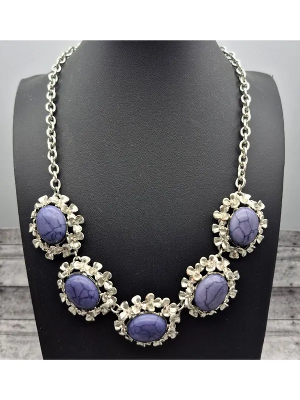 Silver-Tone Necklace W/ Purple Marble Stones & Floral Accents 21" Chain Length - Image 4