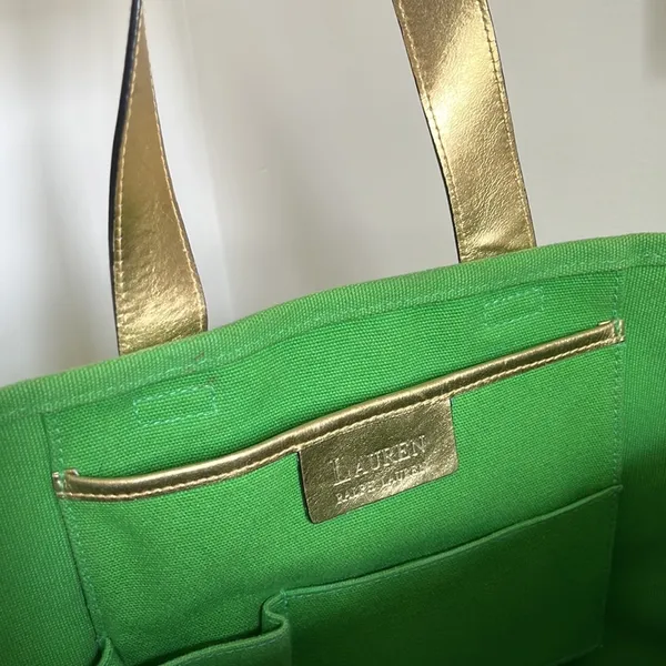 Lauren Ralph Lauren Green and Gold Summer Canvas Tote - Image 7