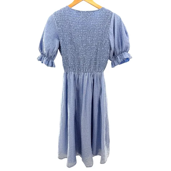 JessaKae Light Blue Smocked Puff‎ Sleeve Floral Swiss Dot Midi Dress Small - Image 7