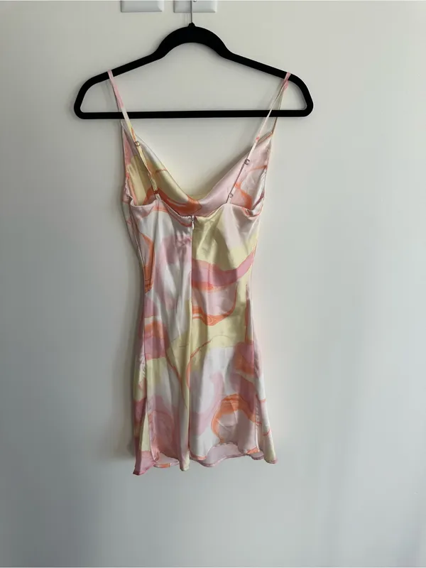 Olia Orange Pink Yellow Swirl Cowl Neck Satin Mini Dress Size XS - Image 4