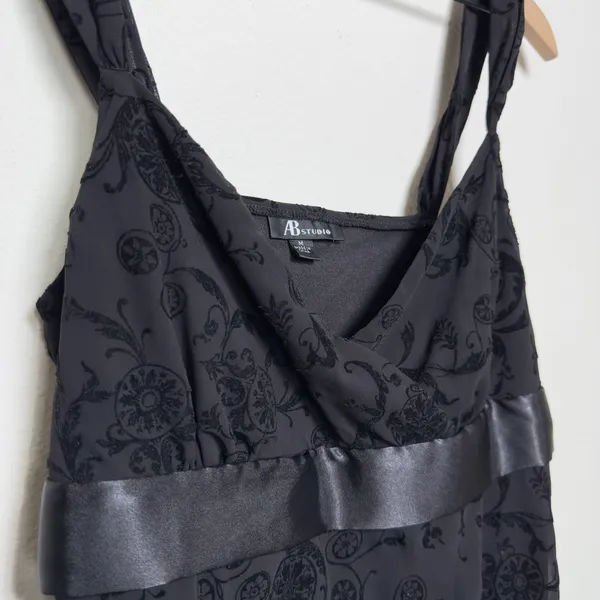 VTG 90s Fairy Grunge Babydoll Velvet‎ Paisley Tie Waist Top Medium Black Floral - Image 4