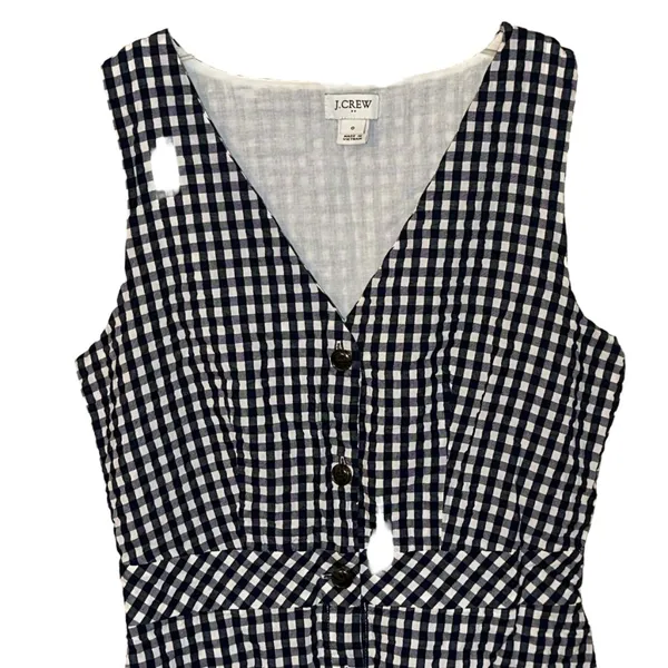 J. Crew Factory V Neck Button Front Navy Gingham Sleeveless Dress 0‎ Lined - Image 2