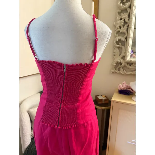 REFORMATION Hot Pink Linen‎ Scalloped Matching Set Liam Pants Overland top Sz 4 - Image 5
