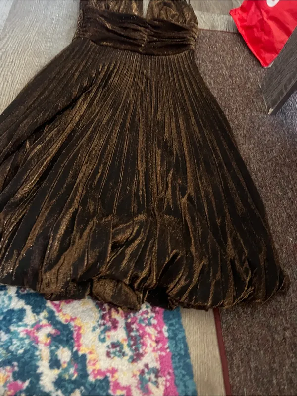 Cache Women’s Halter Metallic Brown Pleated Dress - Image 3
