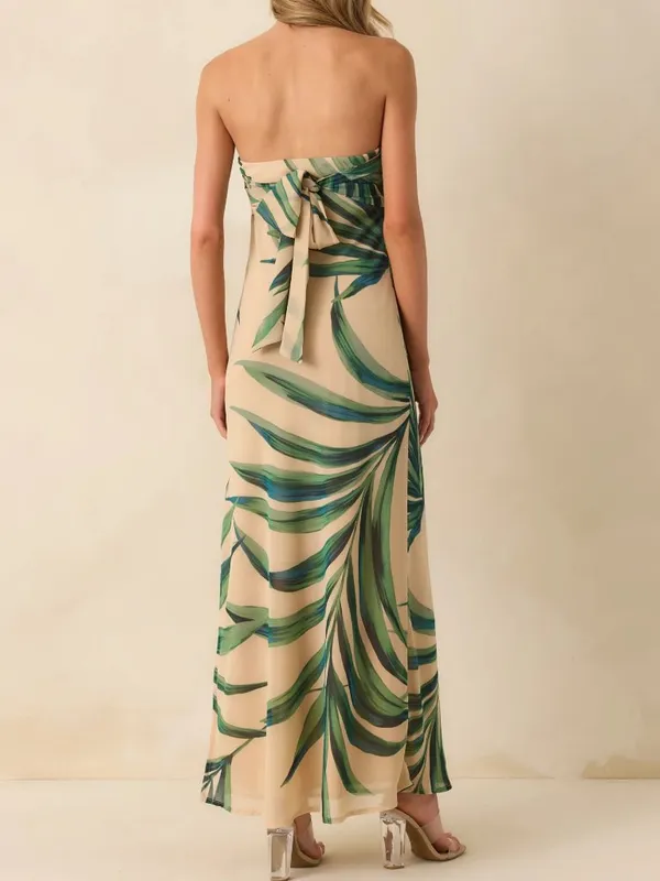 *NEW* Dress Forum Beige Palm Leaf Print Strapless Chiffon Maxi Dress - Image 2
